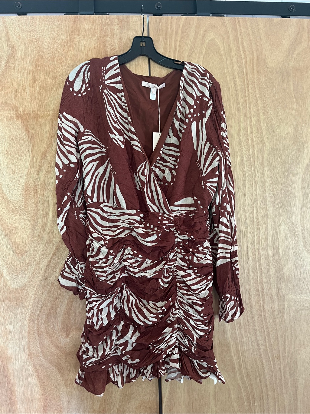 Nwt Hutch Anthropologie Brown And Cream Tiger/Butterfly Print Ruched Dress Sz L